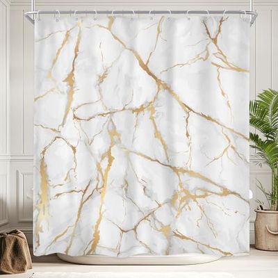 Newsely White and Gold Marble Shower Curtain 60Wx72H Inch Abstract Modern Crack Luxury Texture Ink Liquid Geometric Shower Curtain Bathroom Set Unique Waterproof Bath Decoration Accessories Home Decor