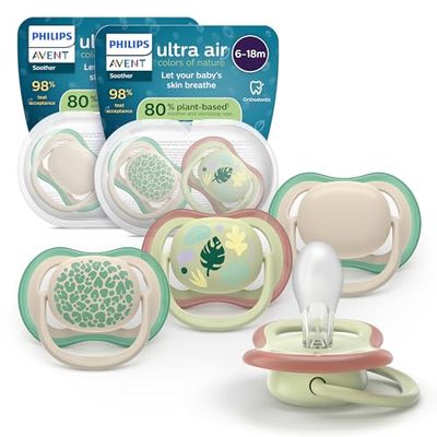 Philips Avent chupetes ultra air: diseño anatómico, para bebés de 6 a 18 meses, tetina simétrica de silicona suave, sin BPA, 2 estuches esterilizadores, paquete de 4, SCF087/26