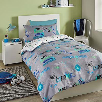 Bedlam - Grey Gaming Duvet Cover - Double Bedding Size (200 x 200cm) - Glow in the Dark Bedding - Reversible (2 Designs) - Gaming Bedding - Gamer Duvet Cover in Grey - Gaming Bedroom Accessories