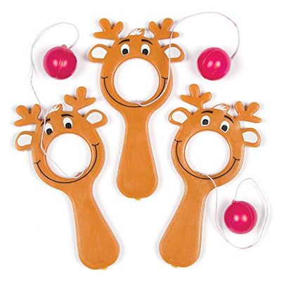 Mini Racchette Bucate a forma di Renna con Elastico e Pallina Baker Ross (confezione da 5)- Novità giocattoli e decorazioni per bambini, perfetti come giocattoli o regalini