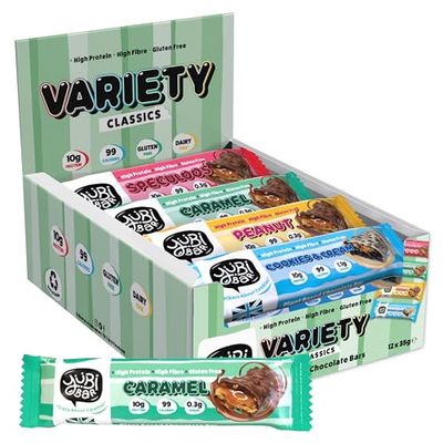 Yubi Variety Box 12 Pack - Protein Bars - 99 Calories, High Protein, High Fibre, Low Sugar, Gluten Free and Dairy Free - Healthy Snacks/Nutrition Bar - Chocolate Bars - 420g