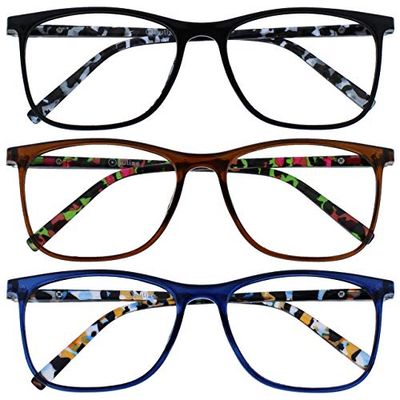 OPULIZE Arc Gafas de Lectura Pack de 3 Montura Cuadrada Estilizada Negra Marrón Azul Varillas Translúcidas con Dibujos Lentes Resistentes a Arañazos Bisagras de Muelle Hombre Mujer RRR66-123 +2.50