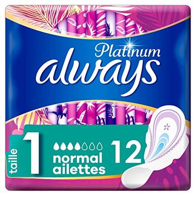 Always Platinum Serviettes Hygiéniques, Taille 1, Normal, 12 Serviettes Avec Ailettes, Flux Légers Jour, Format Eco, Douces et Flexibles, Super Absorbantes et Ultra Fines