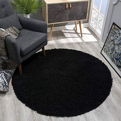SANAT Modern Black High Pile Round Rug, 80 x 80 cm