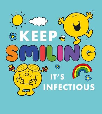 Tarjeta en blanco con texto en inglés "Keep Smiling" de Mr Men and Little Miss
