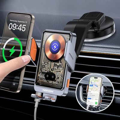 NOHON Telefoonhouder voor auto, inductie: 15 W, inductielader voor auto, met ventilatieclip, Qi draadloze oplader voor auto, 360 graden draaibaar, compatibel met iPhone/Samsung/Xiaomi/Oppo/Huawei