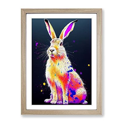 Paint Splashed Hare No.3 Framed Print for Living Room Bedroom Home Office Décor, Wall Art Picture Ready to Hang, Oak A4 Frame (34 x 25 cm)