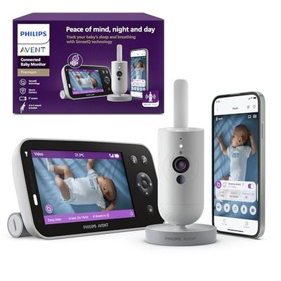 Philips Avent Premium Connected-babyfoon, de meest geavanceerde babyfoon van Avent tot nu toe met slaap- en ademhalingsbewaking via AI, Cry Translation, HD, app, SCD973/26