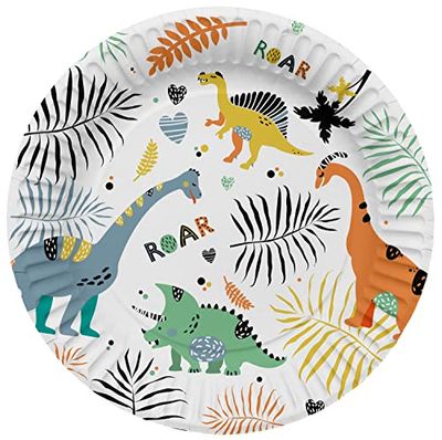 Folat 61930 Papieren Tableware papieren borden, rond, Ø Dino Roars, 23 cm, 8 stuks, wegwerpservies, borden voor verjaardagsfeest, babyshower, bruiloft, bruidsfeest, meerkleurig