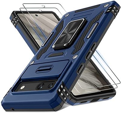 DEERLAMN Google Pixel 7a Hoesje met schuifcamera hoesje + schermbeschermer (2 stuks), roterende ringstandaard, militaire kwaliteit schokbestendige beschermhoes - marineblauw