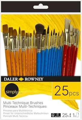 Daler-Rowney Simply, Pincel de Multi-Técnica, Surtido de Pelo sintético, Mango Corto, Múltiples tamaños, Surtido de 25 Pinceles