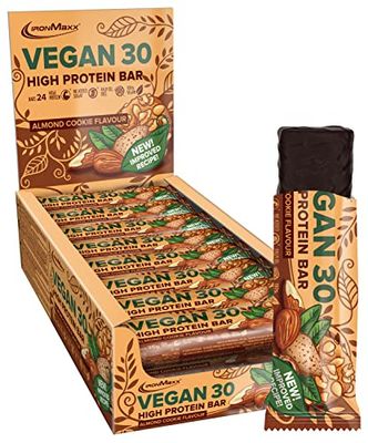 IronMaxx Vegan 30 Protein Bar, Almond Cookie Flavour 24 x 35g, Vegan High Protein Protein Bar Low Sugar, Soy-Free and Palm Oil Free