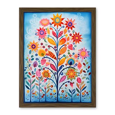 Artery8 Blooming Flowering Plant Pattern Folk Art Watercolour Painting Artwork Framed Wall Art Print 18X24 Inch
