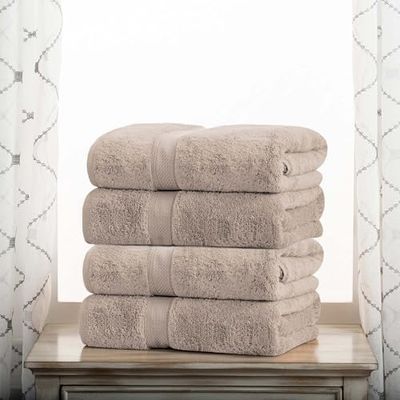 Superior Egyptian Cotton Pile Bath Towel Set of 4, Ultra Soft Luxury Towels, Thick Plush Essentials, Absorbent Heavyweight, Guest Bath, Hotel, Spa, Home Bathroom, Shower Basics, Stone
