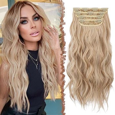 FESHFEN Extension Capelli a Clip 4PCS Lunga Clip in Hair Extension Capelli Estensioni Ricci Ondulati Sintetici Posticci Capelli Extension con Clip per Donna 50 cm, Honigblond Gemischt Platinblond