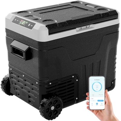EUHOMY 50L Car Fridge,12V Refrigerator -20℃~20℃,Camping Fridge 12/24V DC, 220-240V AC with APP control, 12V Portable Freezer with Wheels for Camping, RV, Travel, Fishing, Outdoor
