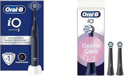 Oral-B Pack Brosse A Dents Electrique iO2 et Brossettes Gentle Care, ORIGINALES, Manche Oral B Noir avec Embout Rond Et 3 Modes De Nettoyage, 2 Têtes Noires, Brossage Plus Doux Et Soin Des Gencives
