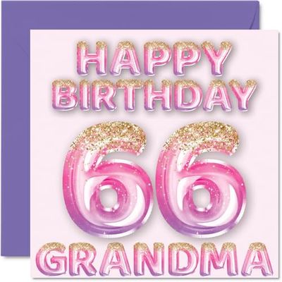 66e verjaardagskaart voor oma - roze en paarse glitterballonnen - gelukkige verjaardagskaarten voor 66-jarige oma van kleinzoon kleindochter, 145 mm x 145 mm verjaardagskaarten cadeau