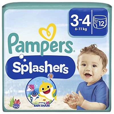 Pampers Splashers, Taille 3-4, 12 Couches-Culottes de Bain Jetables, 6-11kg, Le Confort D'un Maillot De Bain Et La Protection Pampers Optimale dans l'Eau, Edition Limitée Baby Shark