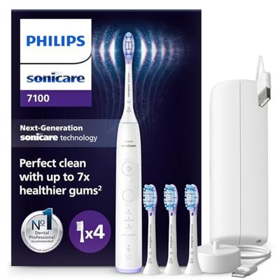 Philips Sonicare 7100 - Brosse à dents électrique avec 4 modes de brossage et 3 niveaux d'intensité, Alerte de pression, EasyStart, SmarTimer, Blanc, modèle HX7420/08 [Nouvelle technologie]
