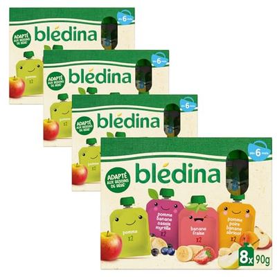 BLÉDINA - Gourdes de Purées de Fruits Bébé - Pomme, Poire, Banane, Abricot, Fraise, Cassis, Myrtille - dès 6 Mois - 32 x 90 g