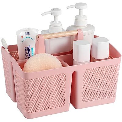 rejomiik Cesta de ducha portátil de plástico, organizador de almacenamiento con asa para baño, universidad, dormitorio, artículos esenciales para la habitación, color rosa