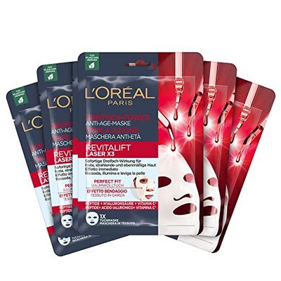 L'Oréal Paris Anti-Ageing Cloth Masks with Triple Power for Women: for Firm, Radiant and Even Skin with Pro-Retinol, Vitamin C and Hyaluronic Acid, RevitaLift Laser X3, Cloth Mask Set of 5