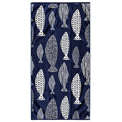 DecoKing Beach Towel Large 90 x 180 cm Cotton Terry Velour Bath Towel Blue White Fish