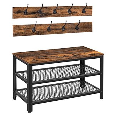 HOOBRO Porte-Manteau avec Banc, Vestiaire, Meuble d'Entrée, Portemanteau avec 9 Crochets, Banc et Étagère à Chaussures, Cadre en Métal, Industrie, pour Couloir, entrée, Marron foncé-Noir EBF17MT01