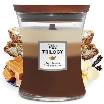 WoodWick Trilogy vela perfumada média em forma de ampulheta com Pluswick Innovation, doces para café