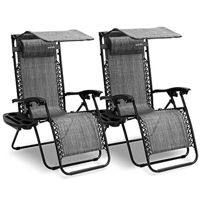 Zero Gravity Lounge Chair, Adjustable Steel Mesh Recliners, with Canopy, Removable Pillows and Cup Holder Side Tables, Set of 2, Gray