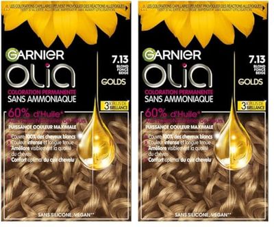 Garnier Coloration Permanente - Sans Ammoniaque - Aux Huiles Naturelles de Fleurs - Blond Beige Foncé (7.13) - Olia (Lot de 2)