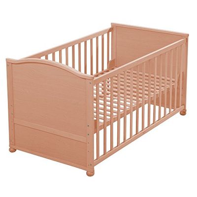 Roba baby- och barnsäng, 60 x 120 cm, babysäng, 3 gånger justerbar höjd, trä, natur, platt spjälsäng 70 x 140 cm BRUN
