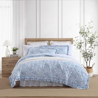 Laura Ashley – påslakanset, supermjuka sängkläder med matchande örngott, avslappnad heminredning (kvartett, veckad blå, drottning)