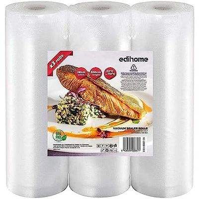 Edihome, Sacchetti Sottovuoto Alimenti, 28x300cm, 3 Rotoli, Buste, senza BPA, non riutilizzabili, Sous Vide, Sigillo del Cibo, Sacchi, Plastica (28x300cm)
