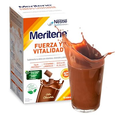 Meritene | Fuerza y Vitalidad | Batidos Sabor Chocolate | Fuerza para tus Músculos, Vitalidad para ti | Solución Nutricional para Adultos con Proteínas, Vitaminas y Minerales | 15 Sobres | 450 gr