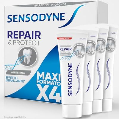 Sensodyne Repair&Protect Whitening, Dentifricio per Denti Sensibili Effetto Sbiancante*, Ripara Rinforza e Protegge, Gusto Menta Fresca, Pacco da 4x75ml