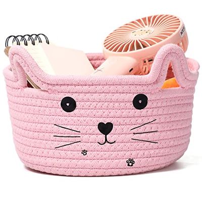 Zopeal Cesta de Almacenaje de Cuerda Tejida Cesta de Juguete para Niños Mascota con Orejas de Gato Canasta de Cuerda de Algodón Decorativa Linda (Rosa, 12 x 21 cm)