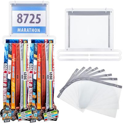 Moxweyeni Medailledisplay, voor medaille en startnummer, hardlopen, hanger, houder, wandmontage, rek, geschenken voor hardlopers, zwart, 35 x 28,5 cm, wit