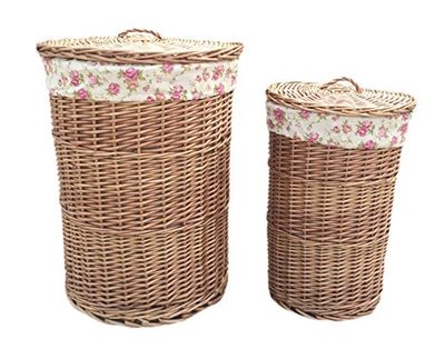 Red Hamper Set of 2 Light Steamed Round Laundry Baskets with Garden Rose Lining, Wicker, 60 x 46 x 46 cm