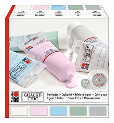 Marabu 0261000000087 Chalky Chic Set com 5 tintas opacas de 100 ml, à base de água, fecho doseador, rolos, pintar e bolinhas em madeira, metal e plástico, aspeto desgastado
