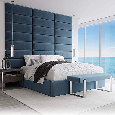 VANT Beklede Accent Wandpanelen - Pakket van 4 - Eenvoudig te installeren - Tweeling - King size hoofdeinde (76cm Breed - Pluche Fluweel Peacock Blauw)