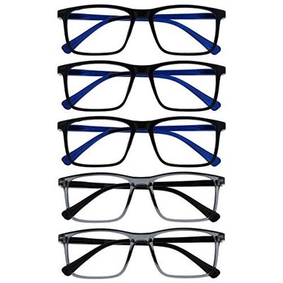 OPULIZE Ink Reading Glasses 5 Pack Large Rectangular Frame Black Transparent Grey Spring Hinges Scratch Resistant Mens Womens RRRRR4-11177 +3.50