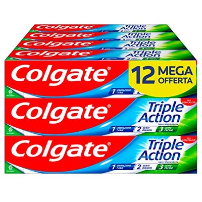 Colgate - Dentifricio Triple Action 12x75ml (Consegna in 48 Ore), Dentifricio Protezione contro la Carie, Denti Bianchi, Alito Fresco, Protezione Smalto, Formula Sbiancante e Rinfrescante