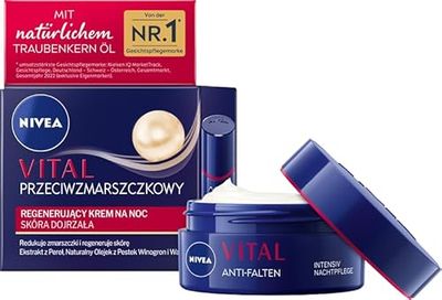NIVEA VITAL Soin de nuit anti-rides intensif pour peaux matures, soin du visage avec calcium, extraits de perles et huile de pépins de raisin naturelle, crème de nuit pour soutenir la régénération de
