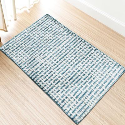 Comart, Dastan d'Arredo Tapijt voor woonkamer, badkamer, slaapkamer, Berberstijl, lijnpatroon, lichtblauw en wit, 60 x 90 cm