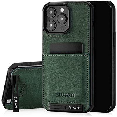 SURAZO Genuine Leather Back Case for Apple iPhone 15 Pro - Shockproof Leather Mobile Phone Case with Card Slot, Stand Function, Keychain - Dark Green