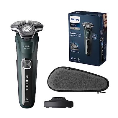 Philips Serie 5000 Afeitadora Eléctrica Hombre, Maquina de Afeitar Barba con Cortapatillas Desplegable, Uso en Seco y Humedo, Inalambrica, Recargable, Base Carga, Funda, S5884/35, Negro Metal