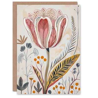 Artery8 Greeting Card Tulip Flower Orange Grey Pink Folk Art Floral Blank For Her Woman Birthday Card