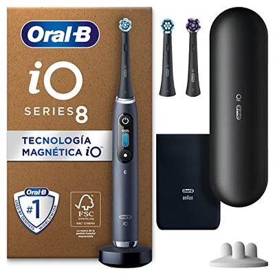 Oral-B iO 8N Cepillo de Dientes Eléctrico con Mango Recargable, 3 Cabezales y Estuche de Viaje, Diseñado por Braun, Regalos Originales para Mujer y Hombre - Negro